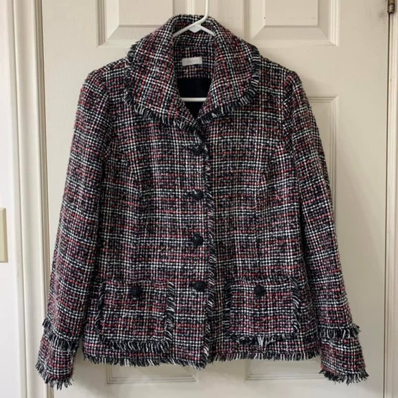 🌷3 for$20🌷Chico's, US M, Pink, Black, White & Grey Plaid Fringe Coat - Picture 3 of 6